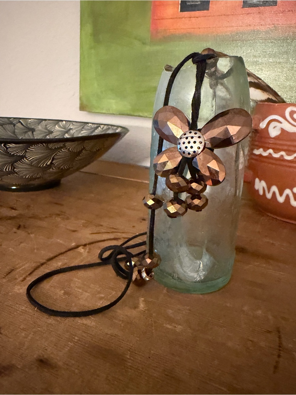 Bohemian Style Black Corded necklace with beads / butterfly crystal pendant